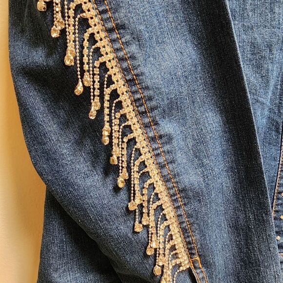 Upcycled Custom Jean Jacket Trimmed in Rhinestone Fringe Size M - Picture 5 of 10